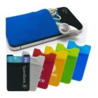 A smartphone with a blue silicone pocket attached to its back, holding a pair of earphones. Several colorful silicone phone pockets are displayed below, each capable of holding small items like credit cards.