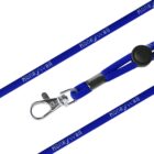 Close-up of a blue lanyard with Honeywell printed in white text. The lanyard features a metal clip and an adjustable black buckle.