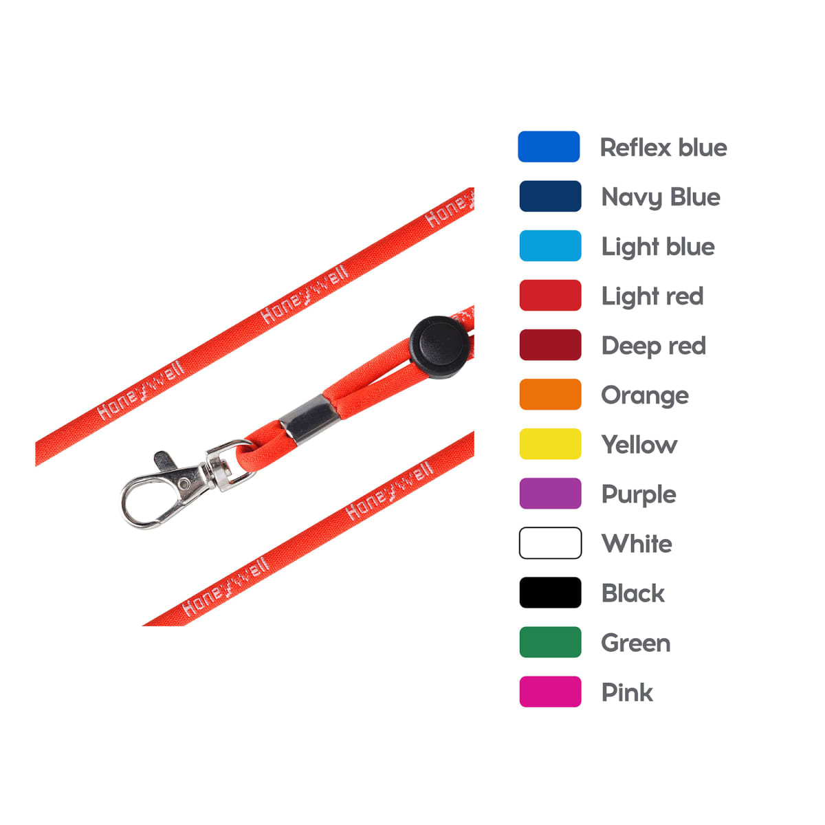 A red lanyard with a metal clip and the word Honeywell printed on it. To the right, there is a color chart showing various lanyard color options, including blue, navy, light blue, red, orange, yellow, purple, white, black, green, and pink.