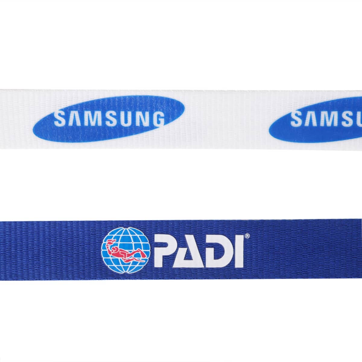 Image of two lanyards: the upper one is white with the Samsung logo in blue, and the lower one is blue with the PADI logo, which includes a diver and globe design, in white.