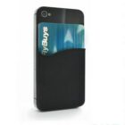 A smartphone with a black card holder on the back, holding a blue card with FlyBuys visible. The cardholder is attached to the phone and designed for carrying cards conveniently.