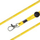 Yellow lanyard with Honeywell printed repeatedly in white. It features a metal clasp, a black adjustable plastic stopper, and dual fabric strands for support and durability.