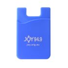 A blue silicone phone wallet with the text JOY 94.9 and joy.org.au printed on it.