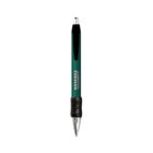 A green and black pen with a rubber grip and silver clip.