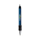 A blue ballpoint pen with a black grip and silver tip.