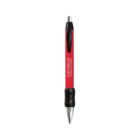 Red and black pen with a rubber grip and clickable top.