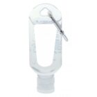 Clear plastic hand sanitizer bottle with a carabiner clip attached to the top. The bottle is shaped with a narrow middle section, and it has a flip-top cap at the bottom, making it easy to attach to bags for convenience.