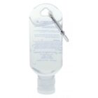 Inverted image of a clear bottle of hand sanitizer with a flip-top cap. Theres a metal hook attached to the bottle. Text on the bottle is visible but mirrored due to inversion.