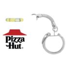 A silver keychain shaped like a bird claw and hoop, with a mini level tool above it. Next to them, the Pizza Hut logo featuring a red roof and the brand name in black text.