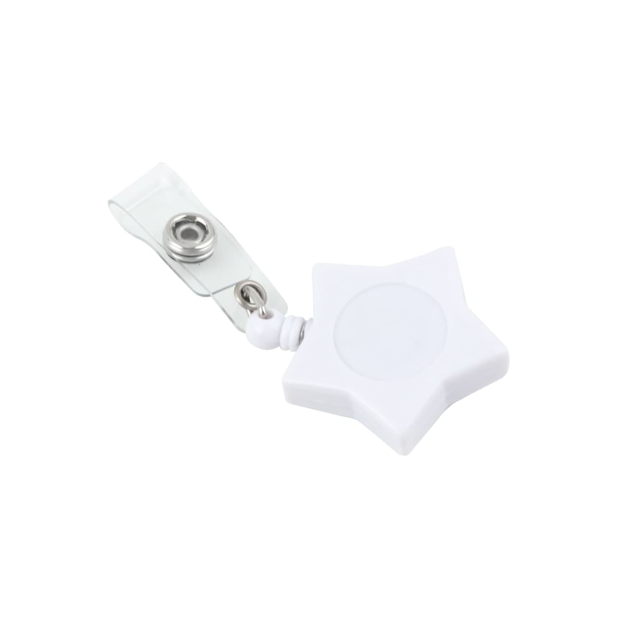 A white star-shaped badge reel with an attached clip. The reel features a retractable cord and a clear strap with a snap button for securing an ID badge.