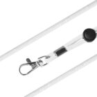 A white lanyard with a metal clip and a black plastic sliding adjuster is displayed against a white background. The lanyard features subtle embossed branding.