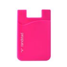 A bright pink silicone card holder with the word randstad and a small logo printed in white on the side. The holder has a single pocket and a cut-out at the top for easy access to cards.