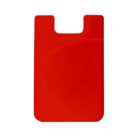 A bright red silicone phone wallet with a rectangular shape and a cutout at the top. It is designed to adhere to the back of a phone and hold cards or cash.