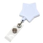 A retractable badge holder with a clip. The holder is shaped like a star and made of light blue plastic. It features a metal button snap attached to a clear plastic strip.