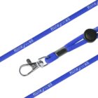 Close-up of a blue lanyard featuring the text Honeywell repeatedly printed in white. The lanyard has a metal clip and a black plastic slide adjuster for length.