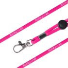 A pink lanyard with Honeywell printed on it, featuring a metal clasp and an adjustable black plastic loop.