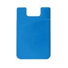 A blue silicone phone wallet with a curved top edge and an open pocket, designed to adhere to the back of a smartphone.