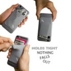 Three images show a phone case with a pocket holding various items like earphones, cash, and cards. Text on the image reads, Holds tight, nothing falls out.