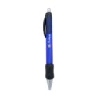 Blue retractable pen with rubber grip and black clip, shown vertically on a plain background.
