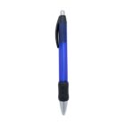 Blue retractable pen with black grip and clip, on a white background.