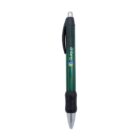 A green ballpoint pen with a logo on its clip and barrel.