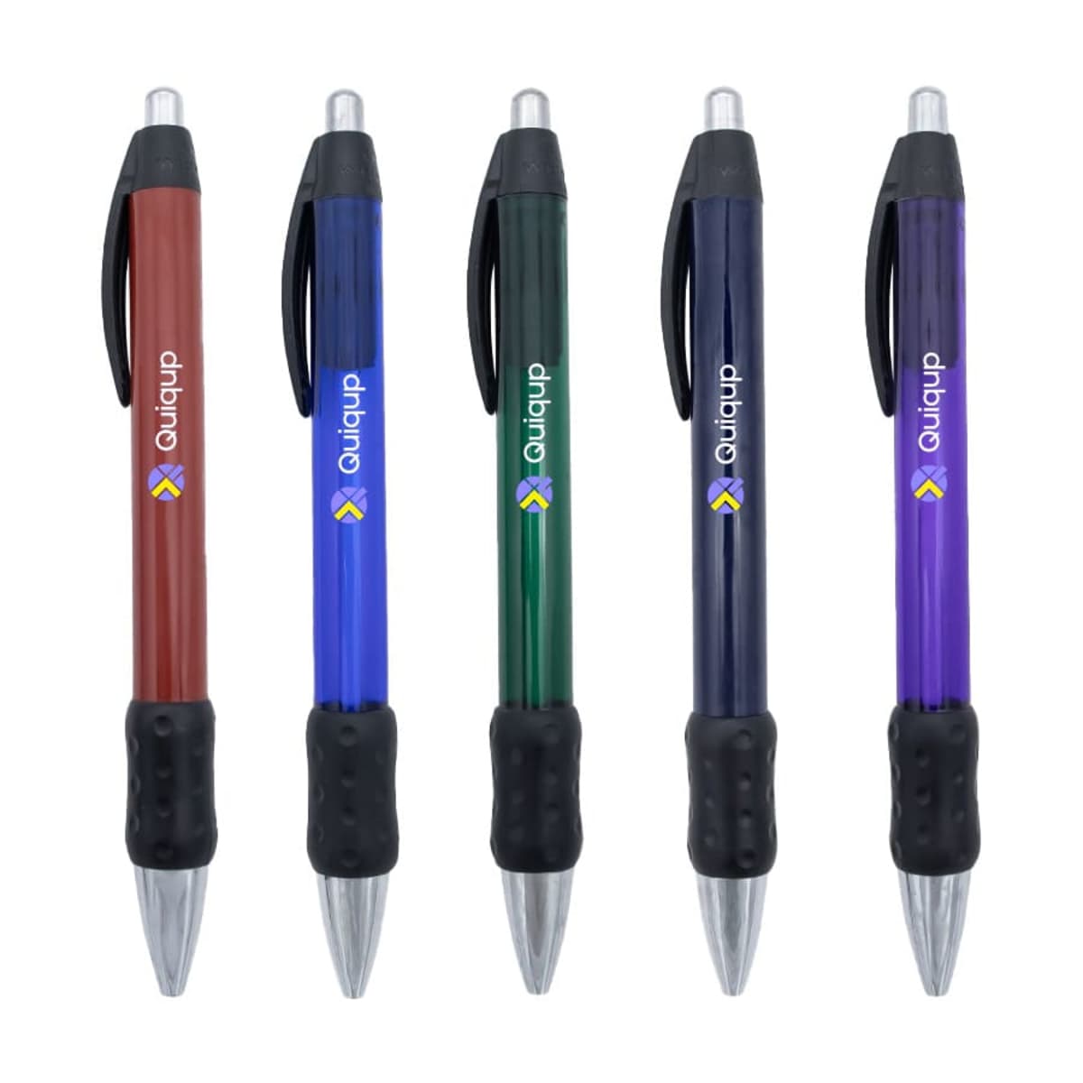 Five colorful retractable pens with rubber grips, aligned vertically.