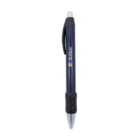 Blue and silver retractable pen with a black rubber grip and attached clip.