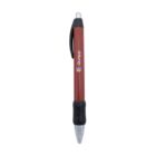 Red and black retractable pen with a logo on the barrel.