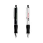 Two retractable pens, one black and one silver, with clips and rubber grips.