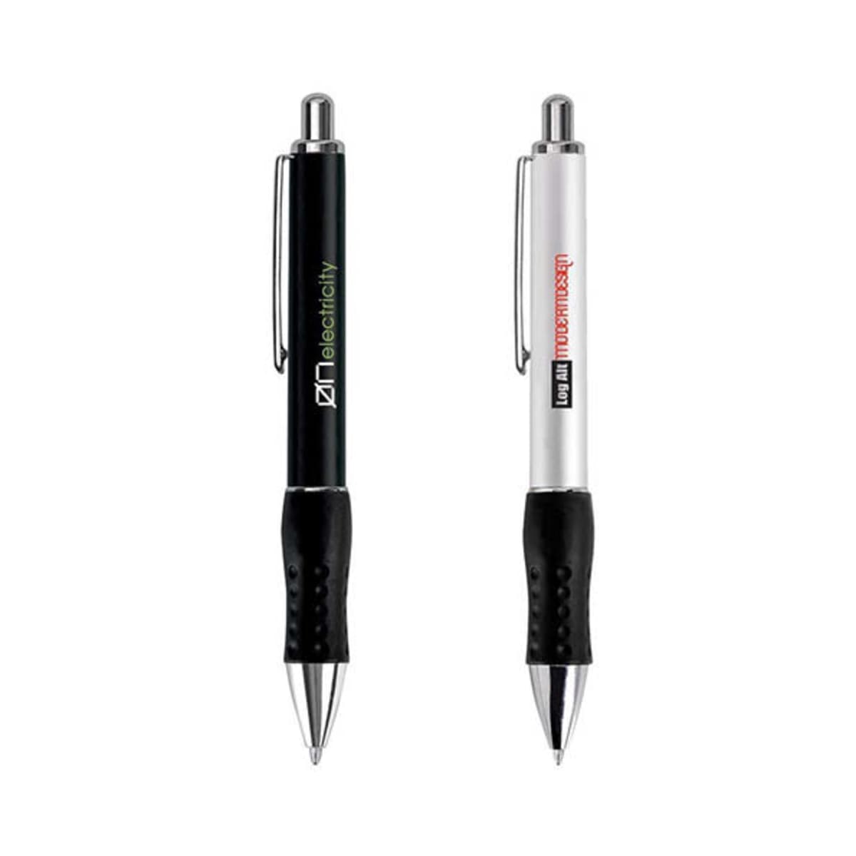 Two retractable pens, one black and one silver, with clips and rubber grips.