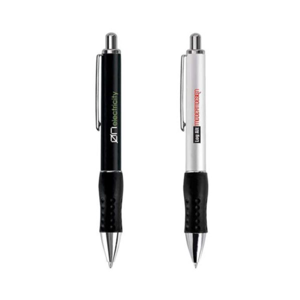 Two retractable pens with black grips; one black and one silver.