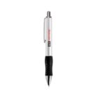 A silver and black ballpoint pen with a clip and rubber grip.