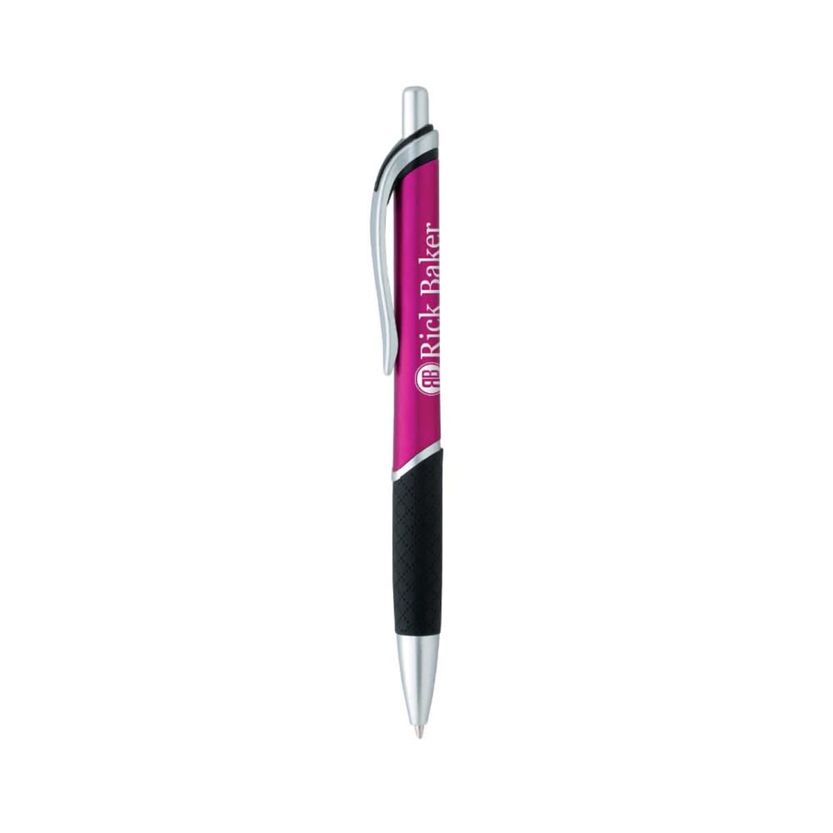 Pink and black pen with a silver clip and tip.
