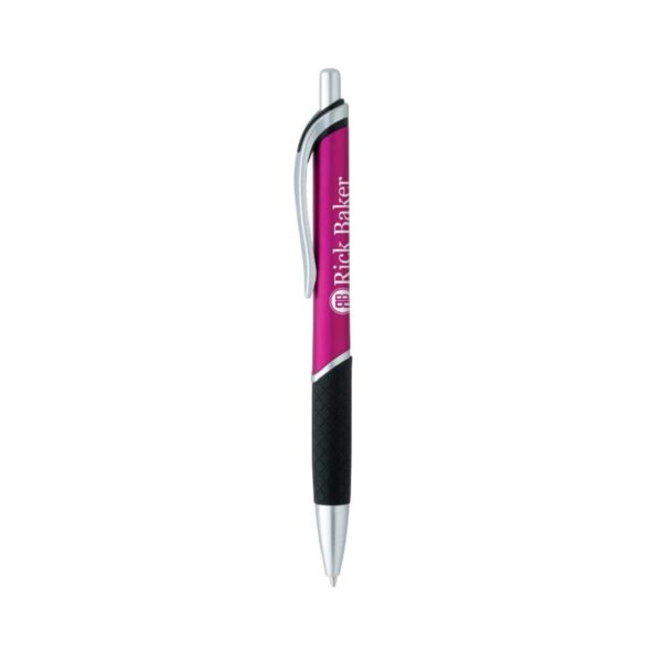 A red and black ballpoint pen with a clip and Rick Baker text.