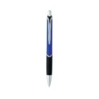 A blue and black retractable ballpoint pen on a white background.