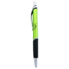 Green and black ballpoint pen with a silver clip and tip.
