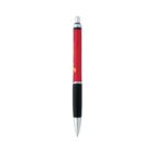 Red and black retractable pen with black grip, isolated on a white background.