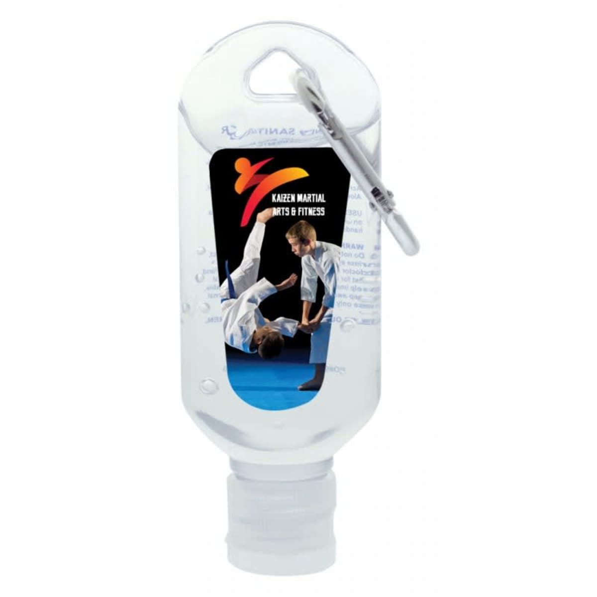 A clear, travel-sized hand sanitizer bottle with a carabiner clip. The label features an image of two martial artists practicing on a blue mat, along with a logo and the text Karate Martial Arts & Fitness.