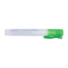 Clear spray bottle with a green cap and clip, on a white background.