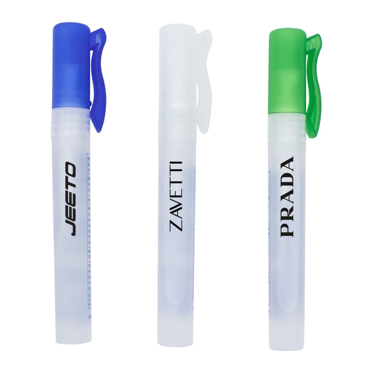 Three spray bottles with blue, white, and green caps labeled JEETO, ZAVETTI, and PRADA.