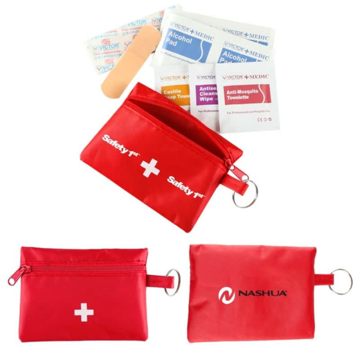 Red first aid pouch with zipper, keyring, and assorted bandages and wipes displayed.