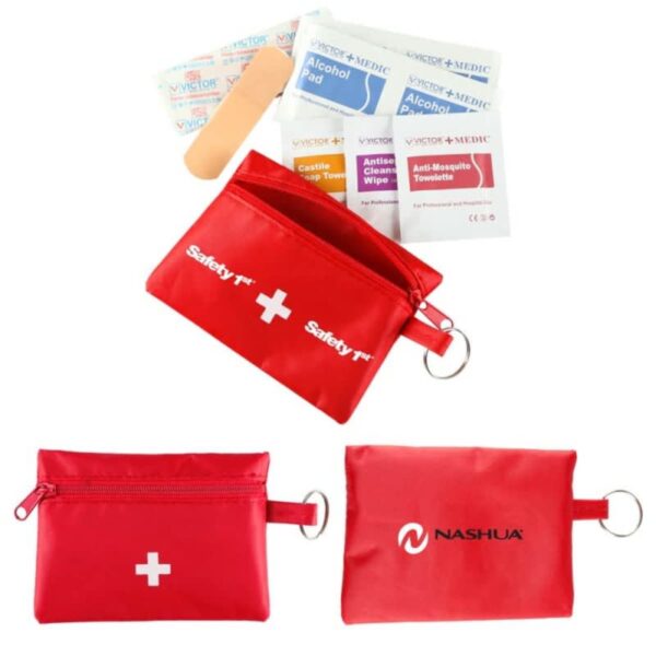 Red first aid pouches with bandage and wipes, shown open and closed, with a key ring.