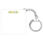 A keychain with a shiny metal loop and a square white plastic fob featuring a small built-in bubble level. The bubble is positioned near the center of the piece.