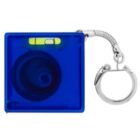 A square-shaped blue bubble level keychain with a coiled metal ring attached. The bubble level is visible at the top, encased in a transparent section. The keychain has a detachable silver clasp for easy attachment.