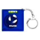 Blue square keychain with a small spirit level and a tape measure. It features a recycling symbol made of hands and the word REUSE in white. The keychain has a metal ring and a coiled wire attachment.