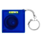 A small blue spirit level enclosed in a square casing, attached to a keychain. The bubble inside the horizontal tube is clearly visible, with a metal ring and clip for attaching to items.