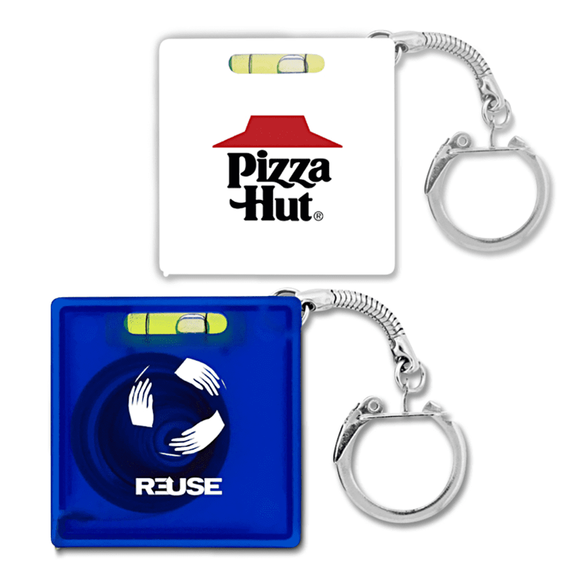 Square keychains with built-in levels. One keychain is white with the Pizza Hut logo, the other is blue with white arrows forming a circle and the word REUSE below. Both have metal key rings attached.