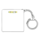 A keychain with a small spirit level attached. The keychain features a rectangular white piece with a translucent green liquid level and an attached metal ring.
