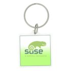 Square keychain with the SUSE logo, featuring a green chameleon icon above the word suse in bold lowercase. Below it reads A Novell Business on a gradient green background.