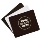 Three rectangular mouse pads, one reads Your Brand Here in a circle on a dark background.